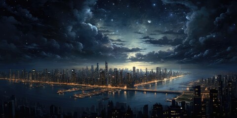 Wall Mural - a view of a city and sky with the Milky Way coming overhead Generative AI