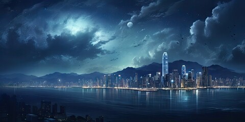 Wall Mural -  night sky over the city with dark buildings Generative AI