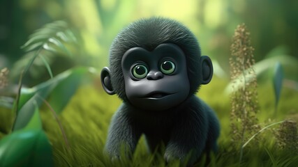 3d cute mascot charact baby gorilla isolatedn on blurred green nature forest background