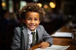 © matteo - Portrait of happy schoolboy with curly hair sitting at the desk, wearing school uniform, education and studying concept. generative AI