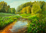 Fototapeta Kosmos - Acrylic painting River and bushes along the banks. Illustration of nature sunny summer landscape with river