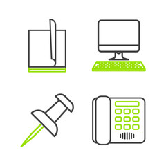 Sticker - Set line Telephone, Push pin, Computer monitor with keyboard and File document icon. Vector