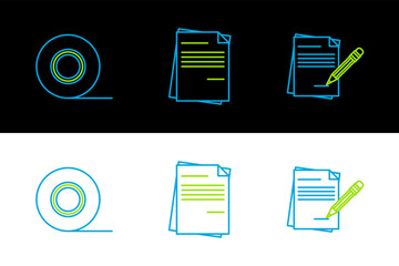 Poster - Set line Blank notebook and pencil with eraser, Scotch and File document icon. Vector