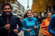 Group people in color sportswear, women's and men's running at Paris city in splashes rain.	