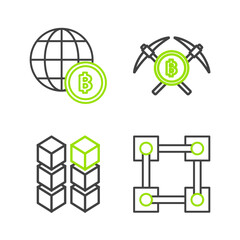 Poster - Set line Blockchain technology, Crossed pickaxe and Globe and cryptocurrency coin Bitcoin icon. Vector