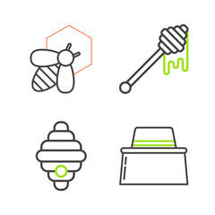 Sticker - Set line Beekeeper with protect hat, Hive for bees, Honey dipper stick dripping honey and and honeycomb icon. Vector