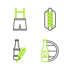 Poster - Set line Beer bottle and wooden barrel, Hotdog sandwich with mustard and Lederhosen icon. Vector