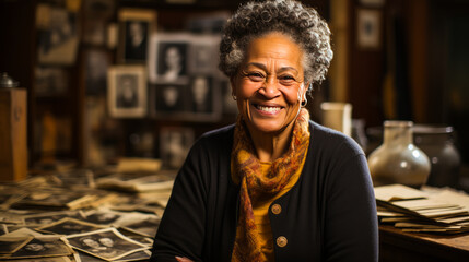 Wall Mural - Captivating 60-year-old woman confidently revealing her carefully curated family album, radiating wisdom and unity through a memorable matriarchal legacy.