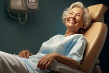 Elderly Woman Sitting In A Dentist Chair Smiling In Dental Chair At The Clinic