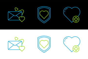 Poster - Set line Heart, Envelope with heart and shield icon. Vector