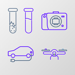 Sticker - Set line Drone flying, Electric car, Mirrorless camera and Test tube and flask icon. Vector