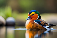 Vibrant And Elegant Mandarin Ducks Resting By The Side Of A Peaceful, Reflective Pond
