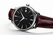 © Ivan - Luxury trendy silver men's watch with black dial and leather strap isolated on white background.generative ai