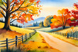 Watercolor painting style autumn landscape with country road