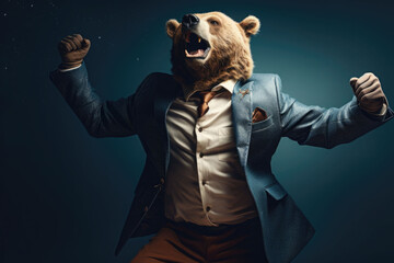 Wall Mural - Roaring anthropomorphic bear dressed in an elegant suit like a businessman. AI generated