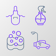 Poster - Set line Lawn mower, Sponge, Water spray bottle and Kitchen apron icon. Vector