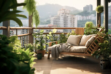 Private Terrace With A Wood Balcony And Plants,  Large Plants And Chairs Indoor Outdoor, Wicker Chair And Plants.