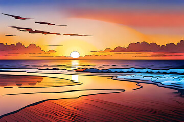 Poster - Sea beach at sunset - Comic book style seascape