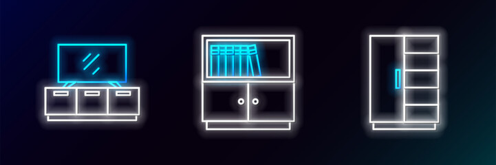 Poster - Set line Wardrobe, TV table stand and Library bookshelf icon. Glowing neon. Vector