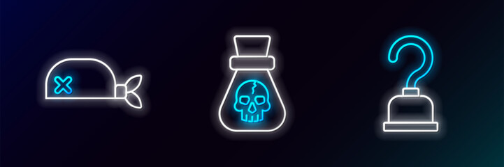 Poster - Set line Pirate hook, bandana for head and coin icon. Glowing neon. Vector