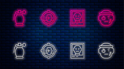 Sticker - Set line Headshot, Wanted poster, Hand grenade and Bandit. Glowing neon icon on brick wall. Vector