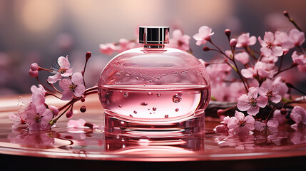 Wall Mural - Perfume bottle on a flowers background. 3d render