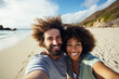 © Tetiana - Generative AI self portrait of young excited couple traveling together making selfies blogging exploring exotic beach ocean sea