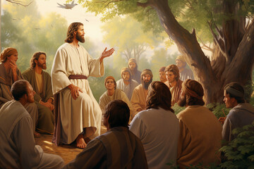 Wall Mural - Generative AI picture Jesus teaching and leading his apostles talking to them