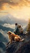 A man sitting on top of a mountain next to a dog