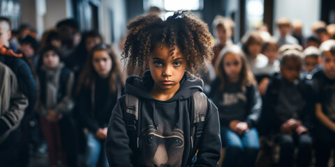 Serene black child in classroom with other students on the background