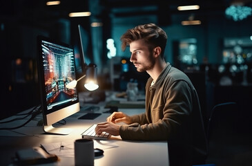 IT programmer working on desktop computer. Male specialist creating innovative software content.