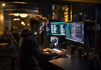 Smart skilled introvert tester write typing operating data security at office.