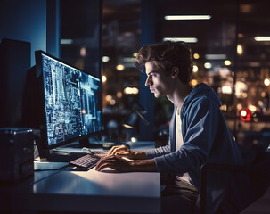Developing programming and coding technologies. Programmer working in a software develop company office.
