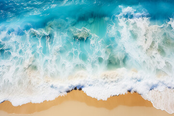  A stunning aerial view of a tropical beach with white sand foamy waves and blue sea 