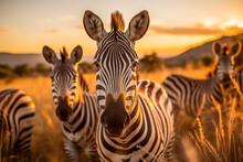 Herd Of Zebras Grazing In High Grass During A Summer Sunset A Wildlife Scene In Nature 