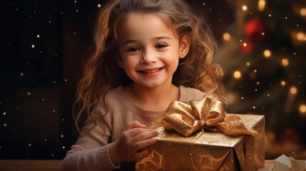 young girl unwrapping a beautifully wrapped present, her eyes wide with anticipation and a big smile on her face.