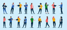 Flat Design Business People Collection - Set Of Vector Illustrations With Various Diverse Businessmen And Businesswomen Doing Office Work With Computers And Devices On Blue Background