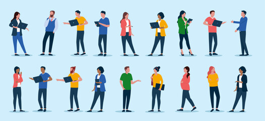Fototapete - Flat design business people collection - Set of vector illustrations with various diverse businessmen and businesswomen doing office work with computers and devices on blue background