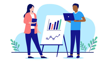 Leinwandbilder - Working with business charts - Two office people doing work on computer and whiteboard with rising diagram. Flat design vector illustration with white background