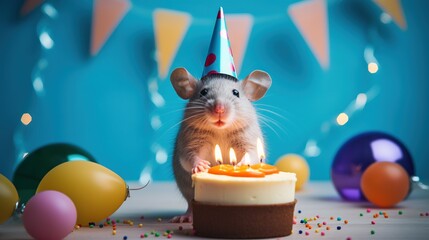 Sticker -  a rat with a party hat on sitting in front of a birthday cake.  generative ai