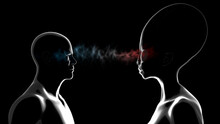 Telepathic Communication Between Alien And Human. Profile Of Human And Alien. Telepathic Communication With Extraterrestrial Being And Man. 3d Render Illustration
