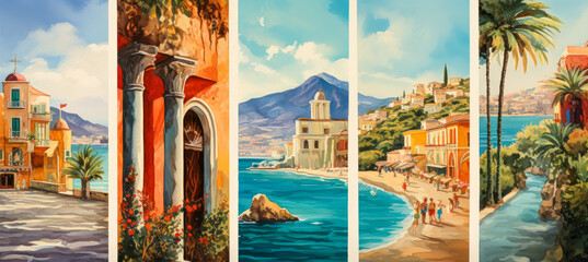 Colorful country travel wallpapers cover, in the style of mural-like compositions, modernist street scenes, Italian landscapes,  Mediterranean inspired, American scene painting.