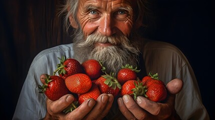 Wall Mural - Strawberries in hands of an old smiling man. Happy farmer.