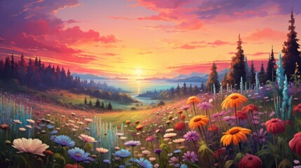 Canvas Print - A painting of a sunset over a field of flowers