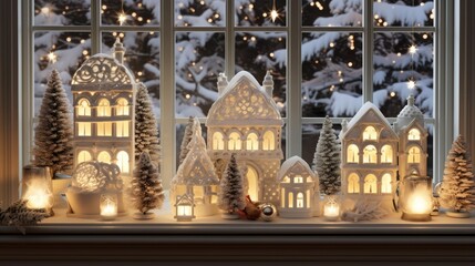 Wall Mural - close-up shot of a house's window of Christmas decorations,