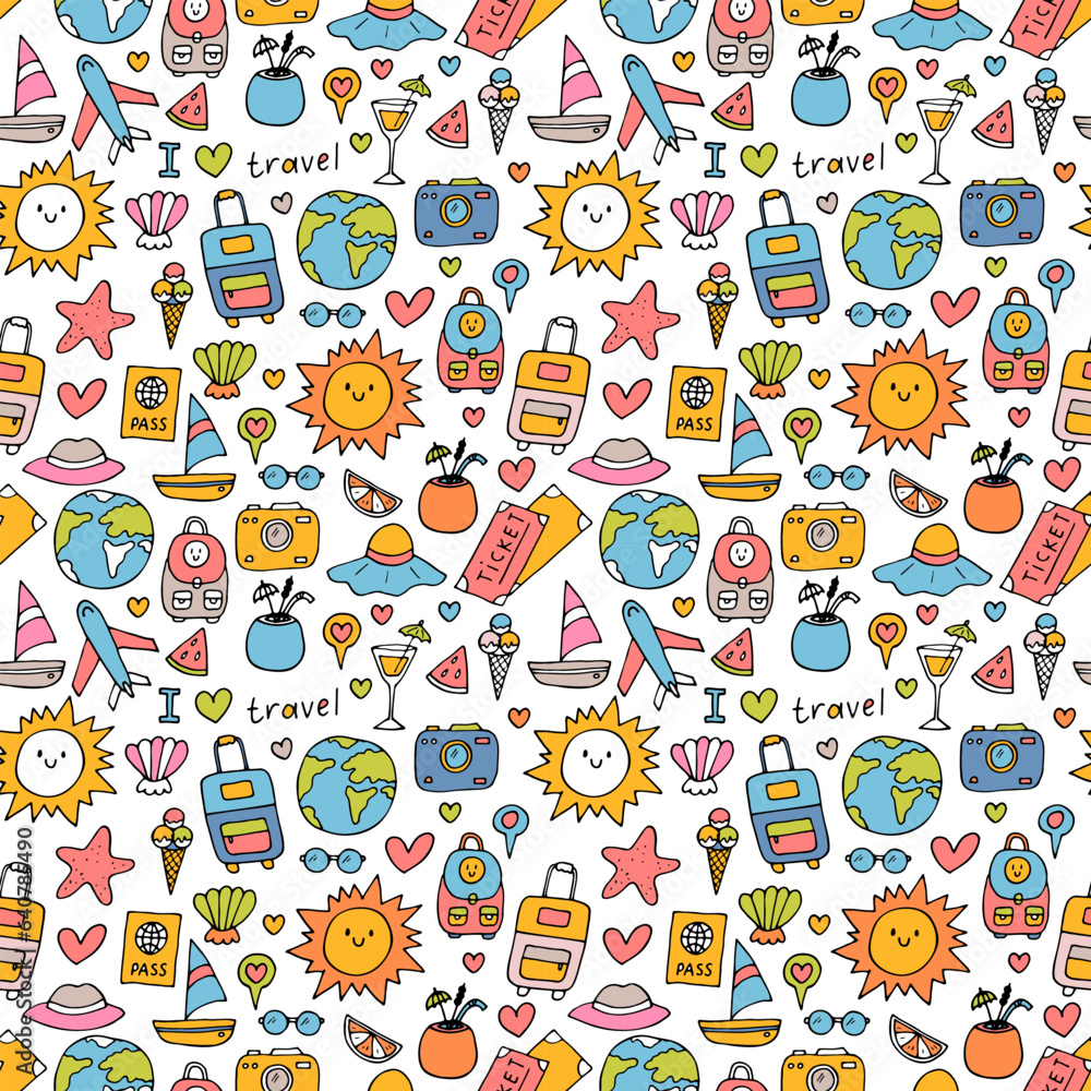 Hand drawn seamless pattern with travel icons. Summer vacation. Doodle ...