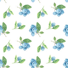 Blueberries Seamless Pattern. Watercolor Branch With Berries Blueberry And Leaves On White Background Hand-painted In Botanical Style For Use In Holiday, Wedding, Logo, Food Design, Scrapbooking