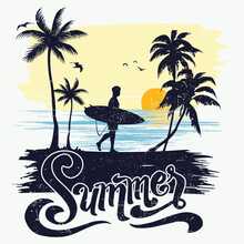 Summer Surfing In Santa Monica Beach, California, Retro Summer Beach Design For Apparel And Others. California Santa Monica Beach T-shirt Design. Beach Vibes Artwork