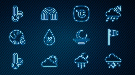 Sticker - Set line Cloud with snow, Cone windsock wind vane, Celsius, Water drop percentage, Meteorology thermometer, Sunset and Rainbow icon. Vector