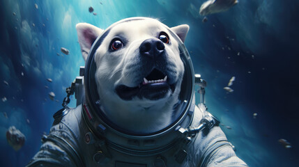 Wall Mural - Puppy astronaut in a space suit, cute dog, generative ai